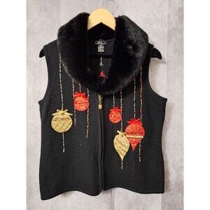 Lisa International Wool Christmas Sweater Vest Fur Collar Women M Holiday Party